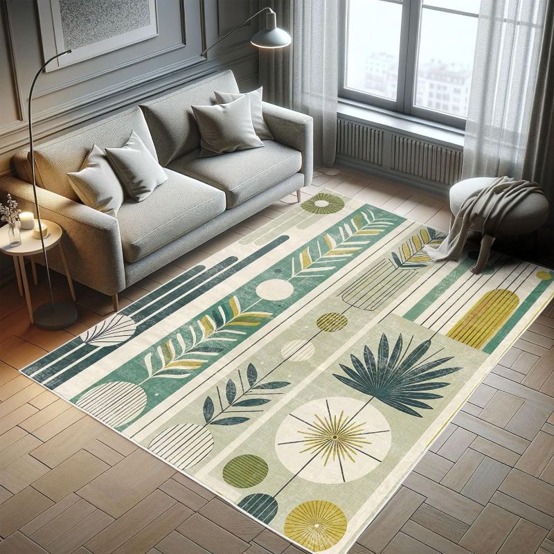 Photo 1 of ***USED - DIRTY - NO PACKAGING***
Ambesonne Mid Century Modern Decorative Rug, Abstract Circles Leaves and Stripes in Nature Color Palette, Quality Carpet for Bedroom Dorm and Living Room, 5' 1" X 7' 5", Fawn Teal Pale Green
