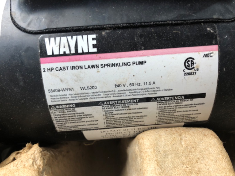 Photo 8 of ***USED - DIRTY - UNTESTED - SEE COMMENTS***
Wayne Horsepower, Green WLS200 2 HP Cast Iron High Volume Lawn Sprinkling Pump 2 HP Pump