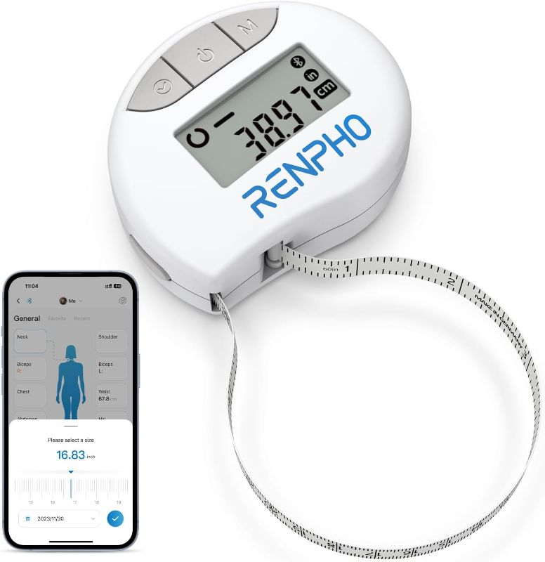 Photo 1 of  RENPHO Body Measuring Tape, Smart Tape Measure for Weight Loss, Bluetooth Tape with App, Retractable Tape for Measuring Waist, Hip, Bust, Arms, Muscle Gain, Fitness Equipment, 60in /150cm, White
