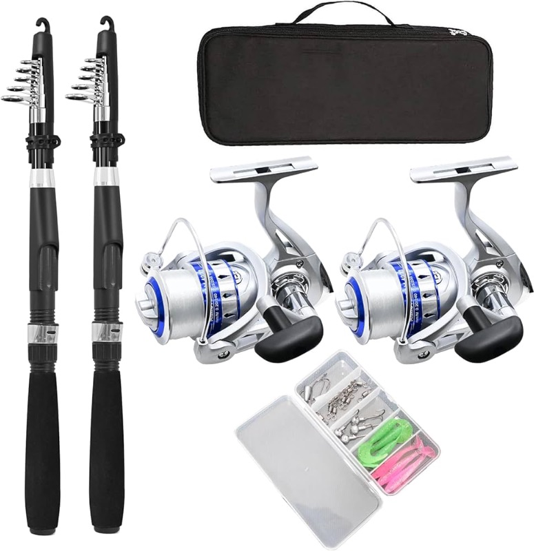 Photo 1 of **MINOR DAMAGE WIRING CAME LOOSE IN PACKAGE-MISSING PIECES**
Fishing Pole Combo Set,2.1m/6.89ft 2PCS Collapsible Rods 2PCS Spinning Reels Lures Set Carrier Bag Carbon Fiber Telescopic Fishing Rods Sea Saltwater Freshwater Kit Fishing Rod Reel Combos