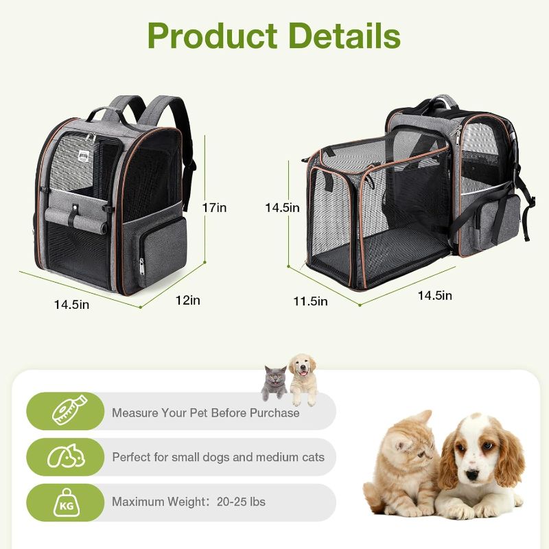 Photo 3 of (READ FULL POST) Lekebobor Large Cat Backpack Carrier Expandable Pet Carrier Backpack for Small Dogs Medium Cats Fit Up to 18 Lbs, Dog Backpack Carrier, Foldable Puppy Backpack Carrier for Travel, Hiking,Grey 12.6"L x 11.2"W x 16.5"H