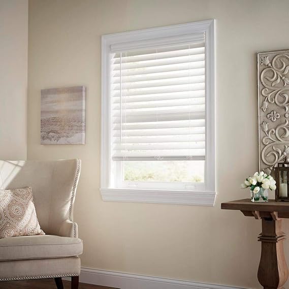 Photo 1 of (READ FULL POST) White Cordless Faux Wood Blinds for Windows with 2 in. Slats - 39 in. W x 48 in. L (Actual Size 38.5 in. W x 48 in. L)
