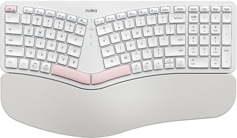 Photo 1 of **MINOR DAMAGE USED AND DAMAGE TO ARM REST-SPACE BAR IS NOT PINK FOR ACTUAL ITEM**
Nulea RT05B Wireless Ergonomic Keyboard, Split Keyboard with Cushioned Wrist Rest, Bluetooth and USB Connectivity, USB-C Rechargeable Pink Grey