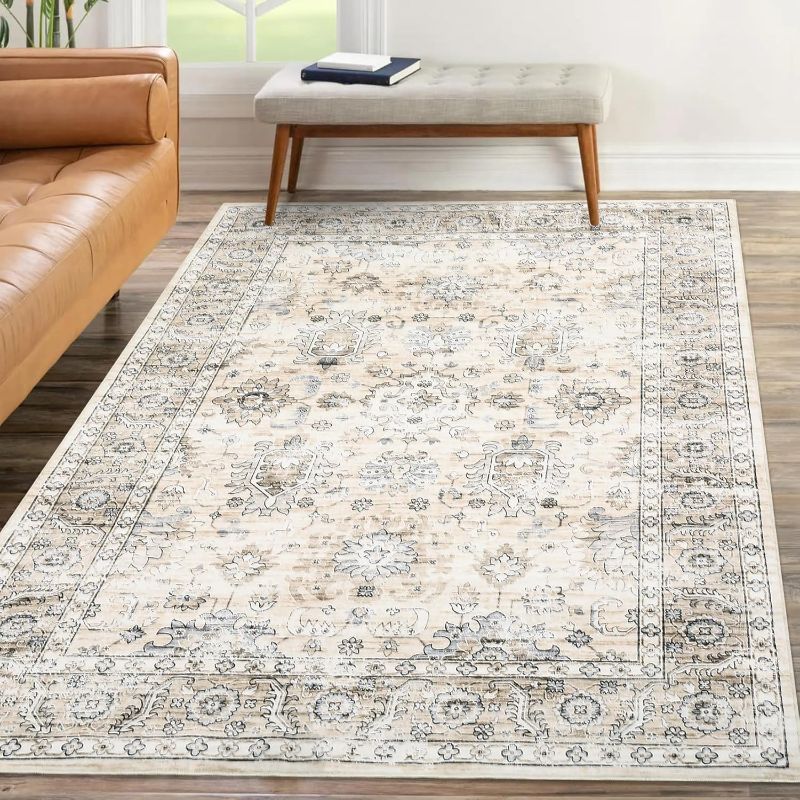 Photo 1 of (READ FULL POST) COZYLOOM 4x6 Bedroom Rug Vintage Distressed Area Rug Non-Slip Washable Throw Rug Boho Accent Floor Covers Low Pile Stain Resistant Oriental Retro Rug Traditonal Carpet for Living Room, Beige
