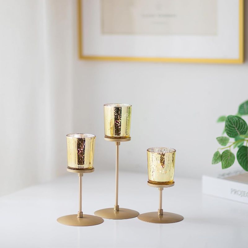 Photo 1 of (READ FULL POST) Sziqiqi Gold Votive Candle Holders - Tealight Candle Holder for Table Centerpieces Metal Tea Light Holder Set with Mercury Glass for Wedding Reception, 6 Pieces