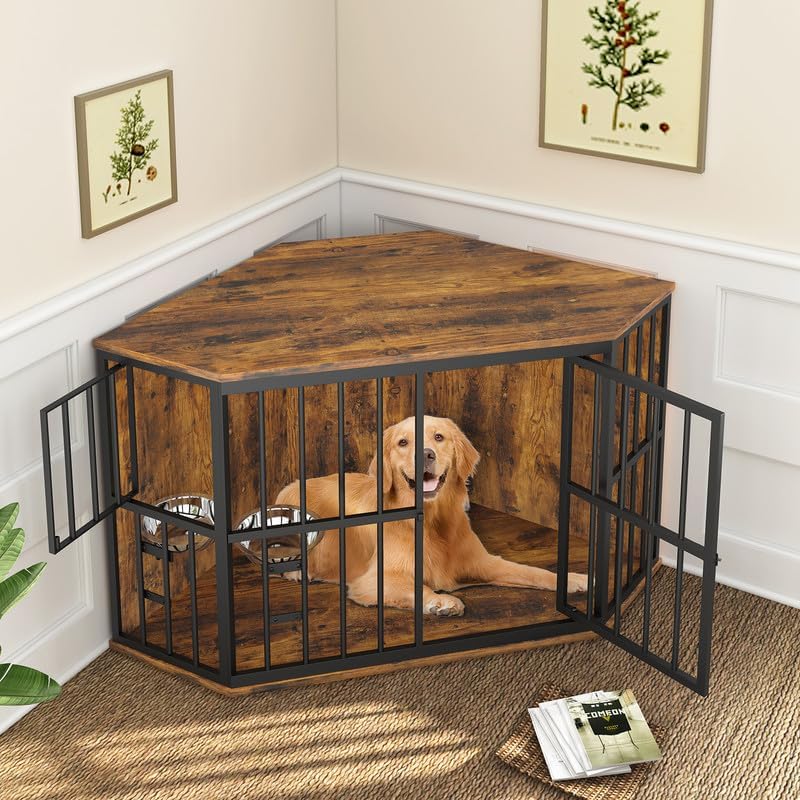 Photo 1 of ***USED - MISSING HARDWARE - OTHER PARTS LIKELY MISSING AS WELL***
ROOMTEC 53 inch Furniture Dog Crate Corner, Dog Kennel Corner Wooden End Table with Bowl, Indoor Pet Crates Corner Side Table for Dogs, Wide Top Perfect for Limited Room
