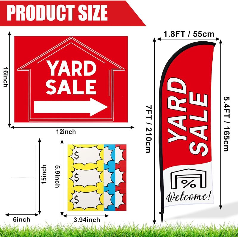 Photo 4 of (READ FULL POST) Buryeah Yard Sale Feather Flag Signs Set, 1 Pack 7ft Yard Sale Banner with Pole Kit, 3 Pack Double Sided Yard Sale Signs with Stakes, 150 Count Large Item Pricing Stickers(Red)