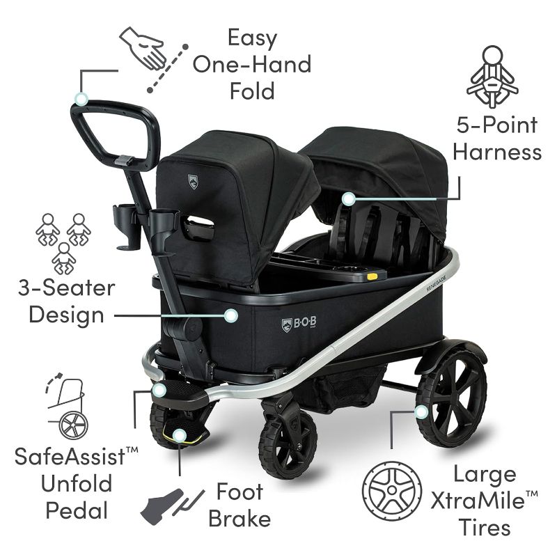 Photo 5 of (READ FULL POST) BOB Gear Renegade Canopy Stroller Wagon with 3 Seats, 5-Point Harness System, All-Terrain Tires, and Push and Pull Handle, Nightfall