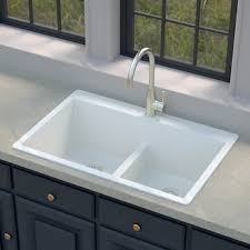 Photo 1 of ** DAMAGED** allen + roth Dual-mount 33-in x 22-in Alpina White Granite Double Equal Bowl 5-Hole Kitchen Sink
