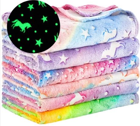 Photo 1 of ***SEE NOTES***  Fanfanwin 18 Pcs Sleepover Party Supplies for Girls, 6 Glow in The Dark Unicorn Blanket 6 Coral Fleece Spa Headband 6 Plush Eye Mask Covers