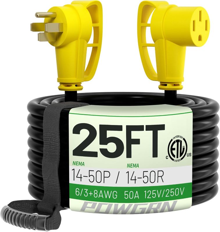 Photo 1 of (read full post) 50 Amp RV/EV Extension Cord 25 FT Outdoor with Grip Handle, Flexible Heavy Duty 6/3+8/1 Gauge STW 4 Prong RV Power Cord Waterproof, NEMA 14-50P to 14-50R, Black-Yellow, ETL Listed
