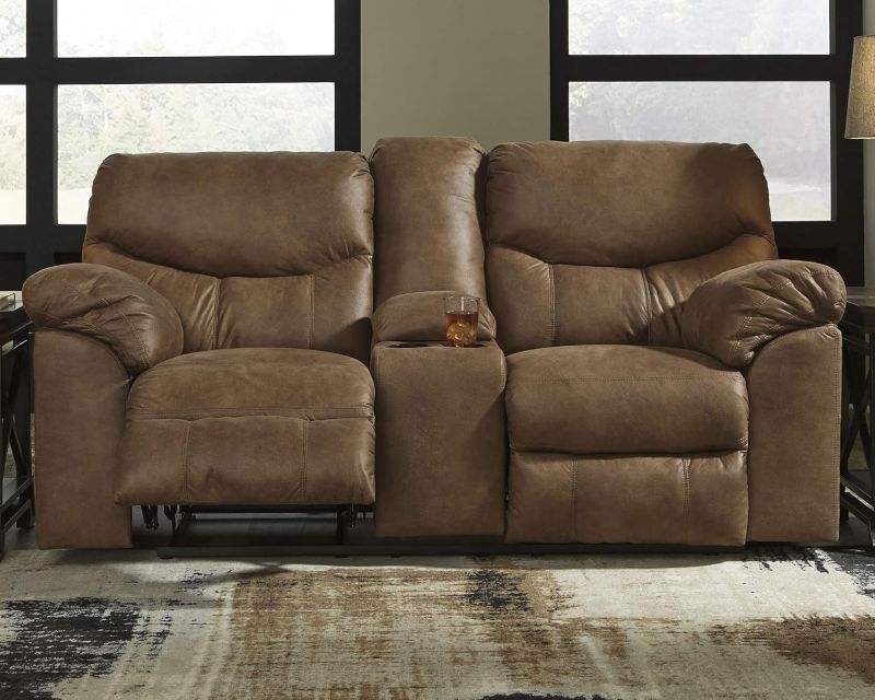 Photo 1 of 
Signature Design by Ashley Boxberg Oversized Faux Leather Manual Double Reclining Loveseat with Center Console, Brown