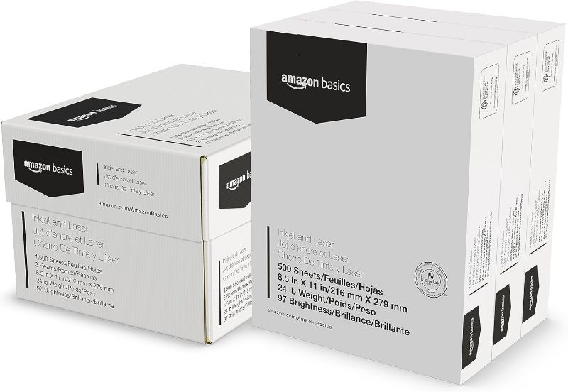 Photo 1 of 
Amazon Basics Multipurpose Copy Printer Paper, 8.5-x-11-inch, 24lb, 1500 Sheets (3 Packs of 500), 97 Bright, White