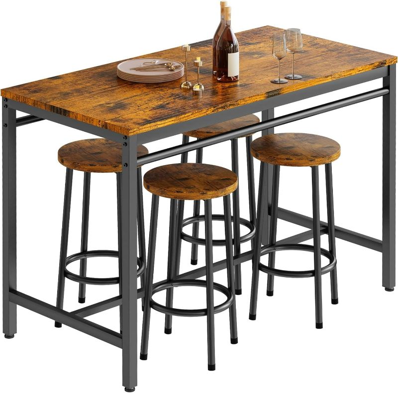 Photo 1 of ***ASTOCK PHOTO FOR REFERNECE*** AWQM Bar Table Set, Kitchen Table and Chairs for 4, Industrial Counter Height Pub Dining Set with 4 Round Bar Stools, Heavy Duty Metal Frame, Rustic Brown and Black
