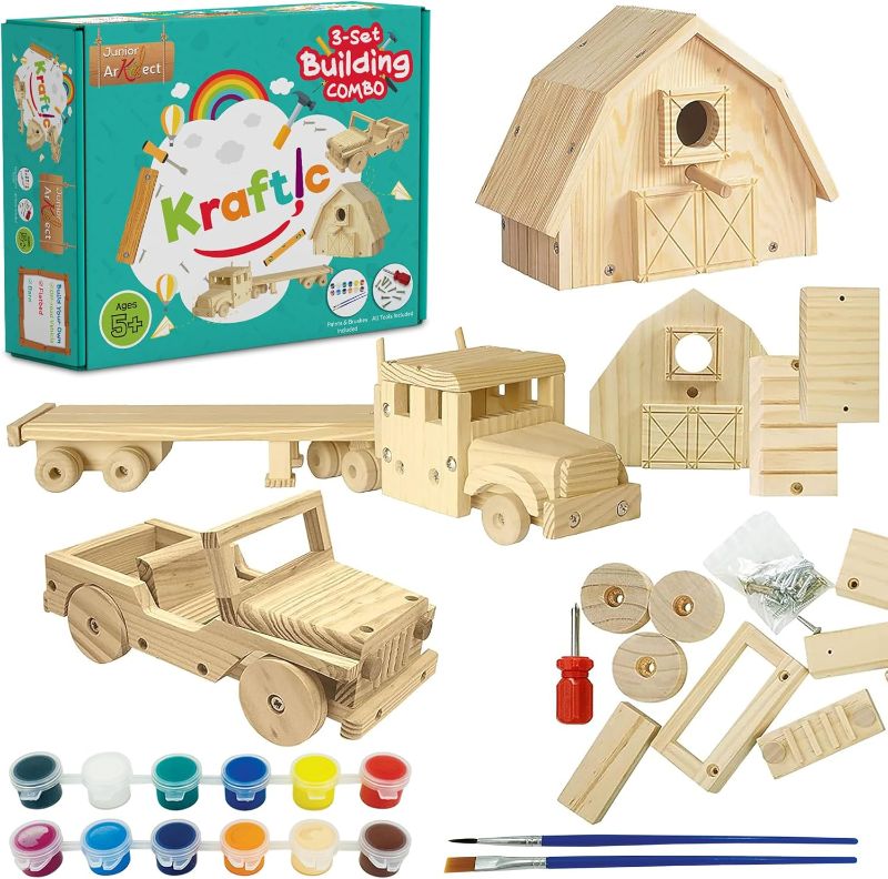 Photo 1 of *USED MISSING PIECES*Kraftic Woodworking Building Kit for Kids and Adults, Set of 3 Educational DIY Carpentry Construction Wood Model Kit Toy Projects for Boys and Girls - Off-Road Vehicle, Flatbed Truck, Barn Birdhouse
