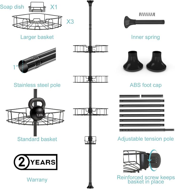 Photo 4 of (READ FULL POST) Lilyvane Shower Caddy Corner Tension Pole,54 to 125 Inch Stainless Steel Adjustable Floor to Ceiling Corner Shower Caddy Stand for Bath Inside Shower Organizer Storage with Tension Pole,Rustproof