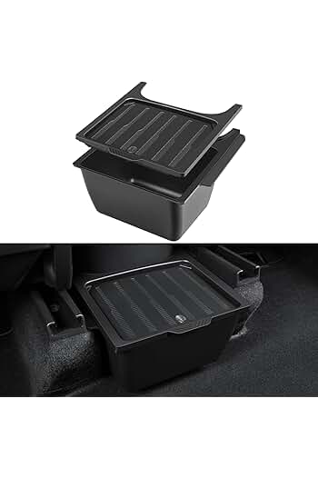 Photo 1 of ***MISSING SPRINGS***Rear Under Seat Organizer for Tesla Model Y 2024 Accessories Backseat Storage Box with lid Center Console Storage Tray Trash Can Bin for Tesla Model Y 2020-2024 (Push-button Design