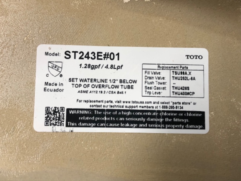 Photo 5 of ***USED - LIKELY MISSING PARTS - UNABLE TO VERIFY FUNCTIONALITY***
TOTO® Entrada™ E-Max® 1.28 GPF Toilet Tank Cotton White - ST243E#01