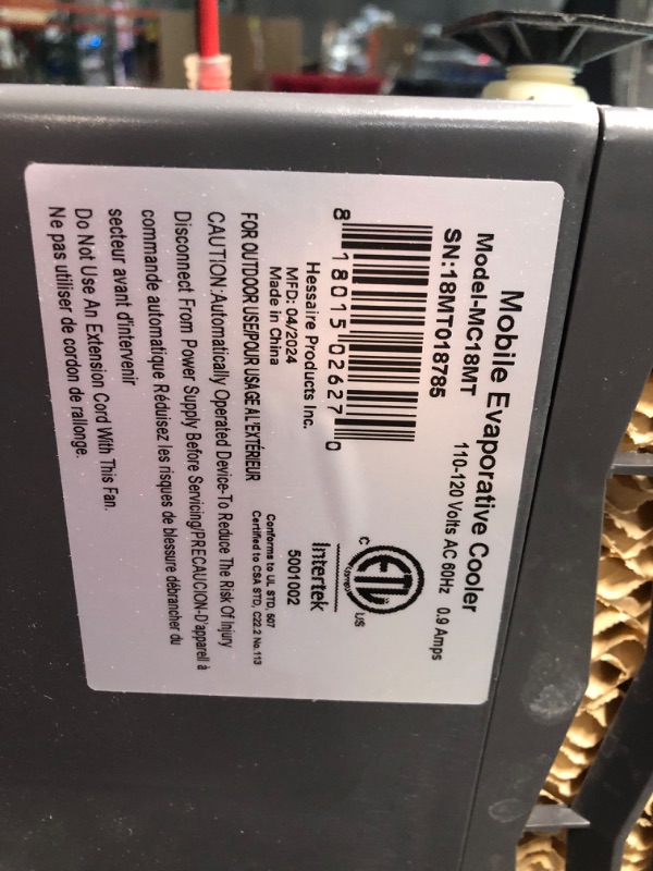 Photo 5 of ***USED - LIKELY MISSING PARTS - UNABLE TO VERIFY FUNCTIONALITY***
Hessaire MC18V Portable Evaporative Cooling Fan, Indoor/Outdoor Low Humidity Environments, 1300 CFM, 500 sq. ft., 2-Speed Fan, 53.4 dB, Dark Gray