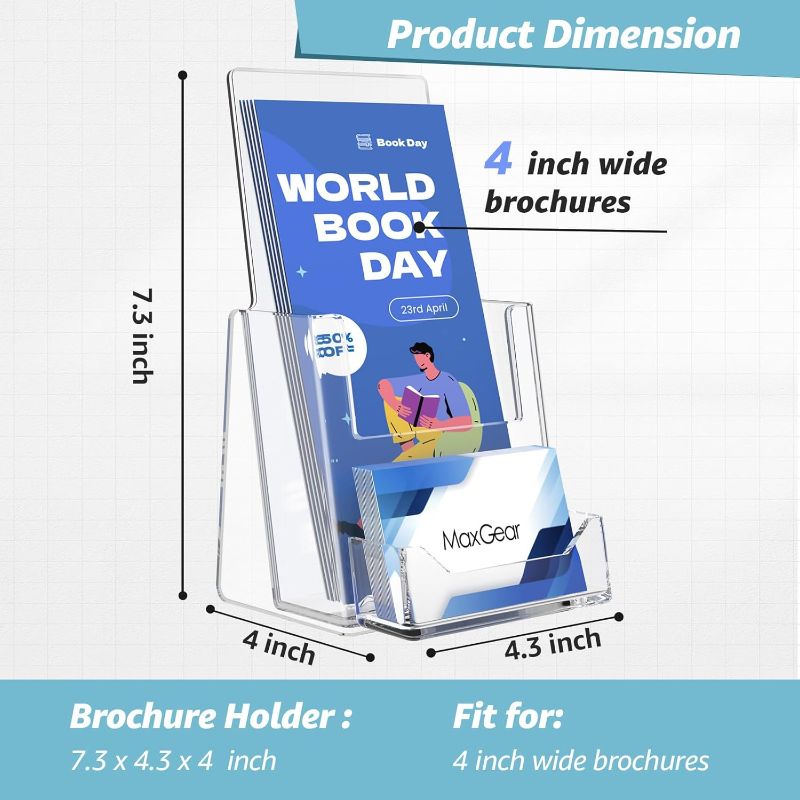 Photo 3 of (READ FULL POST) MaxGear Brochure Holder 4 inch, Acrylic Brochure Holders with Business Card Holder Countertop Brochure Display Stand Clear Literature Holder Plastic Flyer Holder for Pamphlet, Booklet, Menu, 4Packs
