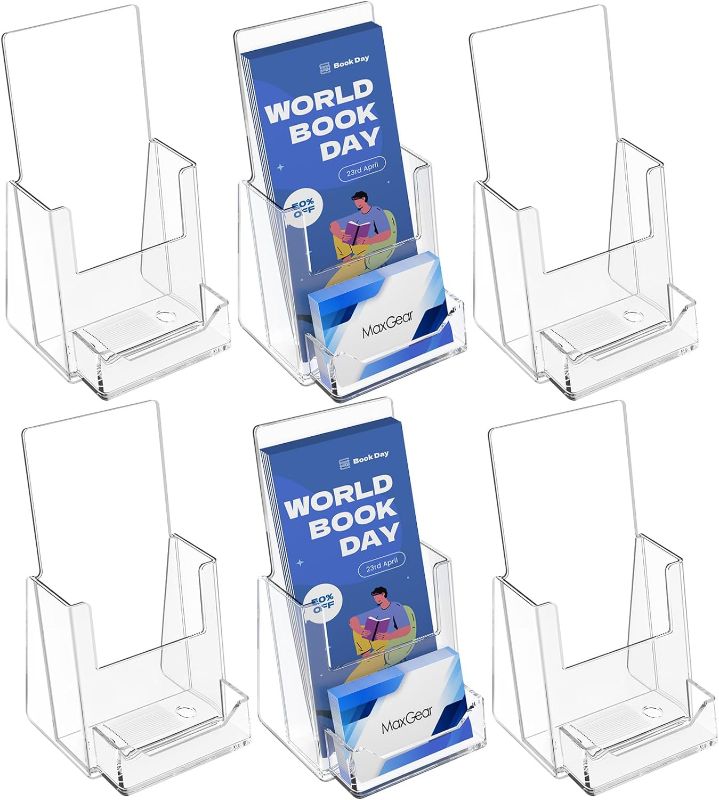 Photo 1 of (READ FULL POST) MaxGear Brochure Holder 4 inch, Acrylic Brochure Holders with Business Card Holder Countertop Brochure Display Stand Clear Literature Holder Plastic Flyer Holder for Pamphlet, Booklet, Menu, 4Packs
