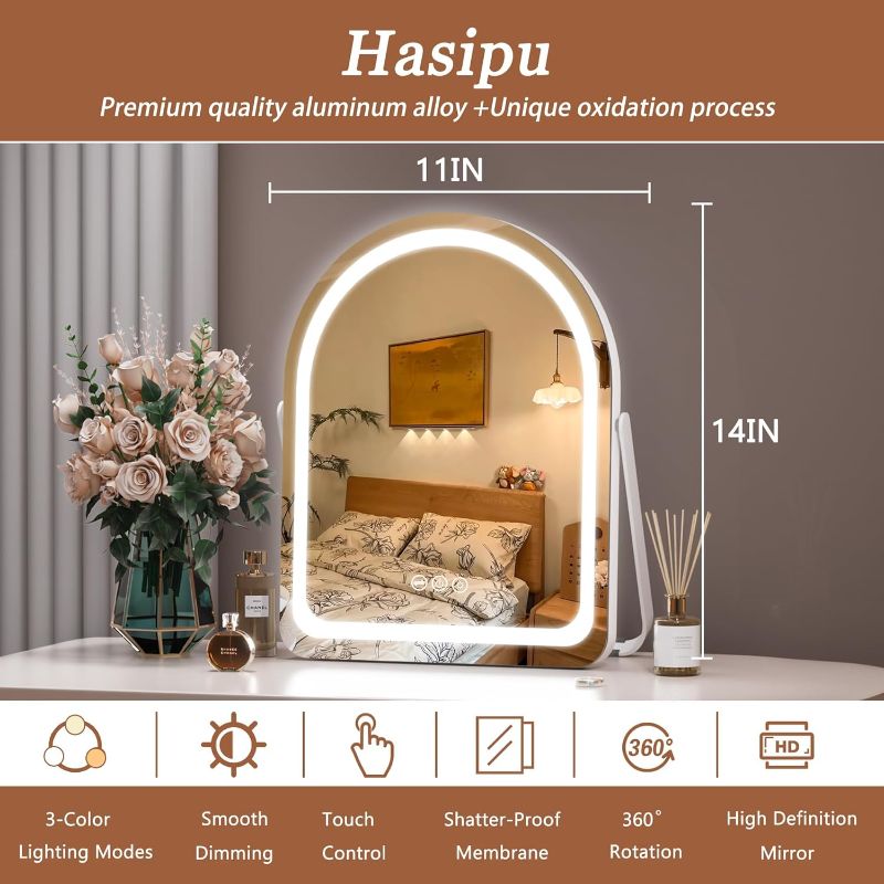 Photo 3 of (READ FULL POST) Hasipu Vanity Mirror with Lights, 11"×14" LED Makeup Mirror, Lighted Makeup Mirror with Lights, Smart Touch Control Dimmable 3 Modes Light 360°Rotation White Arch White Led 11" × 14"