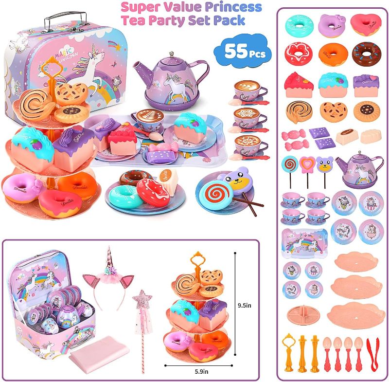 Photo 4 of (READ FULL POST) 55Pcs Tea Party Set for Little Girls, Princess Tea Party Set, Unicorn Kid Tin Tea Set,Kids Kitchen Pretend Toy, Toddler Tea Party Sets for Girls 3-5, Girls Tea Party Set Gift for 4 + Year Old Girl