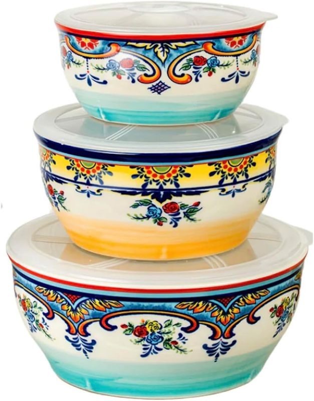 Photo 1 of ***missing med bowl and lids***3-Piece Storage Bowl Set, Spanish Floral Design