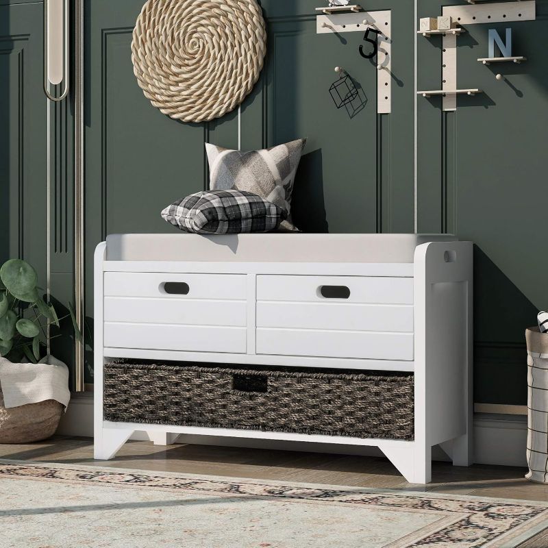 Photo 1 of  Storage Bench with Removable Basket and 2 Drawers, Fully Assembled Shoe Bench with Removable Cushion (White) (White1)