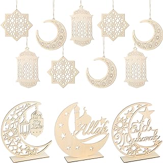 Photo 1 of 12 Pcs Ramadan Wooden Ornaments Include 9 Pcs Eid Mubarak Hollow Wooden Pendant Moon Lantern Star Ramadan Decorations 3 Pcs Hanging Plaque Ramadan Table Decor for Islamic Party Room Home Wall