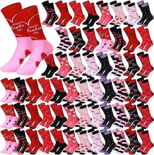 Photo 1 of 60 Pair Valentines Day Socks Bulk Love Heart Crew Socks Valentines Pink Socks for Women Girl Adult