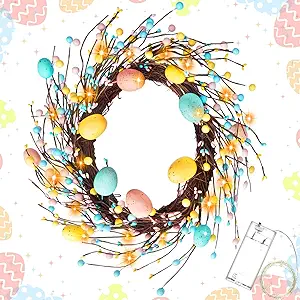 Photo 1 of 18 Inch Easter Wreath Artificial Easter Colorful Egg Wreath for Front Door Easter Door Wreath Spring Wreath with Pastel Eggs and Mixed Twigs for Easter Decorations