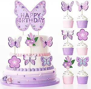 Photo 1 of 13Pcs Butterfly Cupcake Topper Big Purple Happy Birthday Butterfly Shaped Cake Topper for Girls Birthday Anniversary Baby Shower Butterfly Theme Party Decorations (Purple)