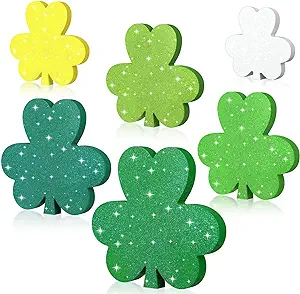 Photo 1 of 6 Pcs St. Patrick's Day Wooden Signs Glitter Green Shamrock Table Ornaments Rustic Holiday Irish Decor Lucky Clover Table Centerpieces Decorative Freestanding Table Decoration for Home