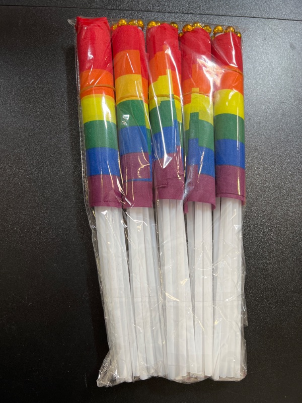 Photo 2 of 50 Pcs Rainbow Pride Flags 8.3” x 5.5” Mini Small LGBT Gay Hand Held Stick Flags Party Decorations Supplies For Mardi Gras Parades,Rainbow Festival (Rainbow)