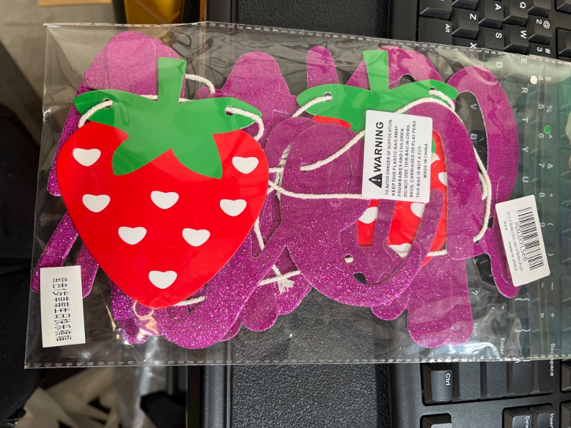 Photo 1 of Berry First Birthday Banner, Pre-Strung Purple Glitter 1st Strawberry Birthday Garland, Happy 1st Birthday Sign, NO DIY Strawberry Theme Happy Birthday Banner for Baby Shower?Birthday