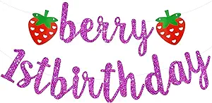 Photo 1 of Berry First Birthday Banner, Pre-Strung Purple Glitter 1st Strawberry Birthday Garland, Happy 1st Birthday Sign, NO DIY Strawberry Theme Happy Birthday Banner for Baby Shower?Birthday