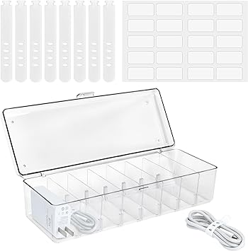 Photo 1 of Cable Management Box, Plastic Cable Storage Box, Electronics Organizer Box with 8 Compartments, Wire Ties and Sort Stickers, for Cable, Recharger, 10.4 x 3.9 x 3.0 inches, Transparent