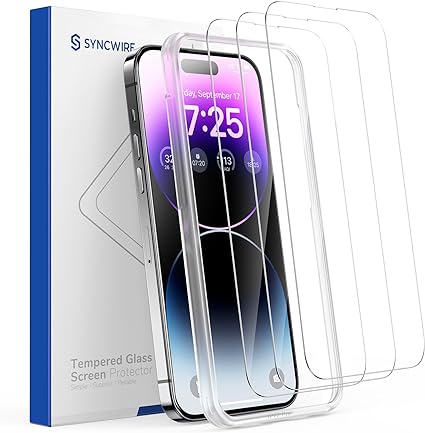 Photo 1 of 3 BOXES Syncwire Screen Protector for iPhone 14 Pro(6.1 inch) [3 Pack] [10X Military Grade Protection] Tempered Glass [Easy Installation Frame, Full Coverage, HD Clear, Bubble Free]