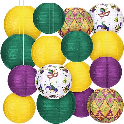 Photo 1 of 16 Pcs Mardi Gras Party Hanging Decorations Mardi Gras Paper Lanterns Carnival Masquerade Masks Crown Tall Hats Paper Lanterns Hanging Lanterns Decorative for Mardi Gras Party Decoration Supplies