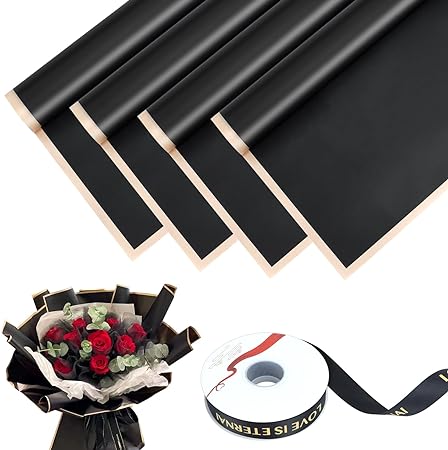 Photo 1 of 20 Sheets Flower Wrapping Paper with Ribbon, Plastic Waterproof Bouquet Packaging Paper, Florist Bouquet Wrapping Paper (Black)