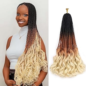 Photo 1 of French Curly Crochet Braids-8 Packs 22 inch French Curly Braiding Hair Pre Looped Goddess Box Braids Crochet Hair For Black Women with Wavy Curl Ends Hair Extensions (120 Strands, 1B/30/613)