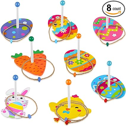 Photo 1 of 8 Sets Easter Egg Ring Toss Game for Kids Easter Party Game Bunny Carrot Chick Wood Bases and Rope Rings Yard Outdoor Indoor Games for Easter Activities Holiday Party Supplies