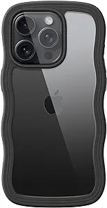 Photo 1 of ETech Cute Case for iPhone 15 Pro Max 6.7-Inch, Wave Frame Curly Shape Shockproof Phone Cover for Women and Girls, Clear Hard PC Back (Black Titanium)