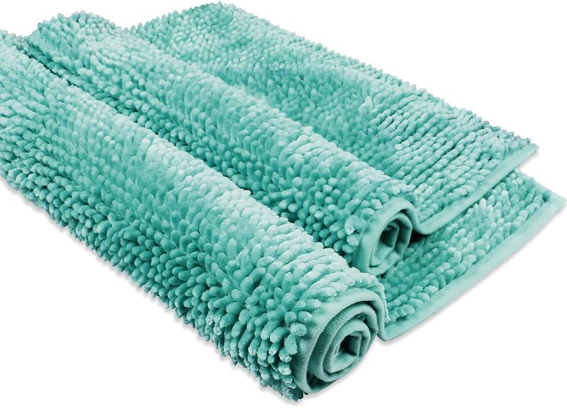 Photo 1 of Grey Chenille Bath Mat Set 2 Piece Floor Towel for Tub Non Slip Thin Bathroom Rug Quick Qry Qbsorbing Carpet for Shower 20 in x 32 in blue
