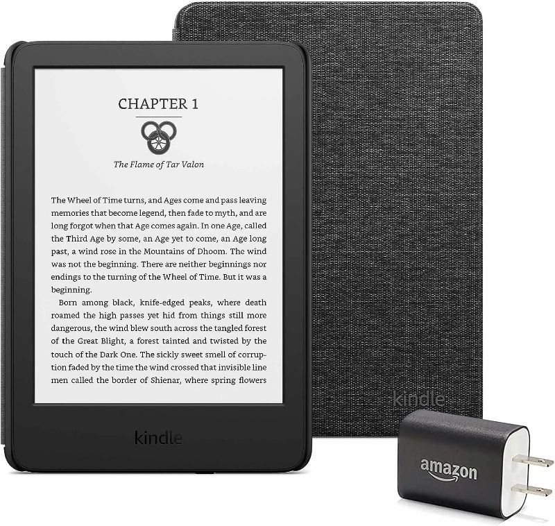 Photo 1 of Kindle Essentials Bundle including Kindle (2022 release) - Black, Fabric Cover - Black, and Power Adapter
