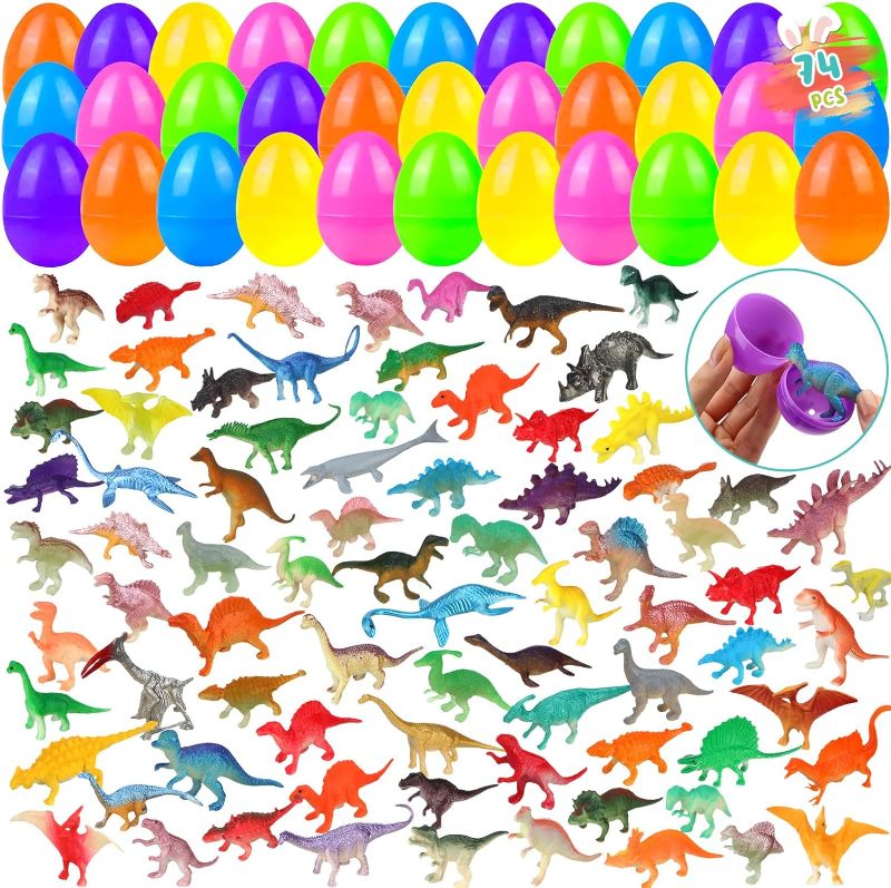 Photo 1 of 148 Pcs Easter Eggs Filled 74 Dinosaur Toys Figures Fold Slightly and 74 Easter Easter Eggs Basket Stuffers for Prefilled Easter Eggs Fillers for Boys Girls Dino Figures Easter Hunt Party

