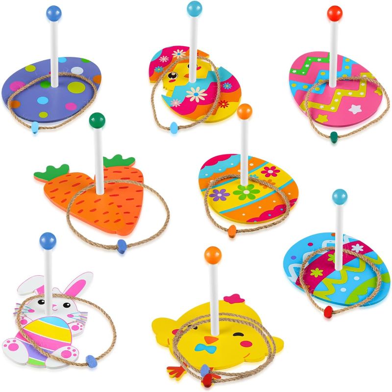 Photo 1 of 8 Sets Easter Egg Ring Toss Game for Kids Easter Party Game Bunny Carrot Chick Wood Bases and Rope Rings Yard Outdoor Indoor Games for Easter Activities Holiday Party Supplies
