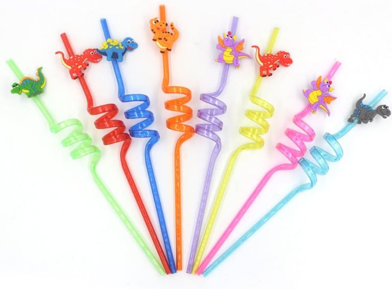 Photo 1 of 16 Pieces Novelty Dinosaur curly Plastic Straws,Reusable Drinking Straws for Birthday Party Supplies,Dinosaur Theme Birthday Party Supplies 8 Styles
