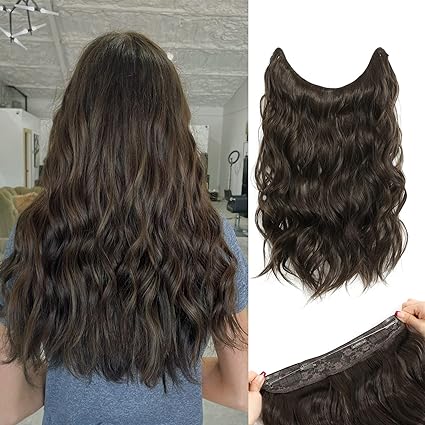 Photo 1 of Women 20inch Wavy Dark Brown Hair Extensions Adjustable Size 4 Secure Clips Natural Curly Full Hidden Crown Sunny Headband Invisible Wire Hair Extensions de Cabello
